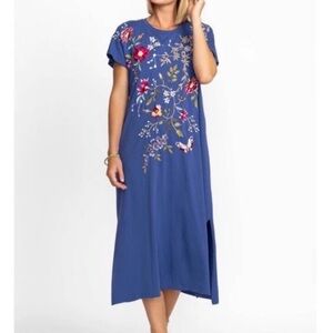 Johnny Was Osaka Midi Dress XS Blue Cotton Jersey Embroidered Floral Relaxed